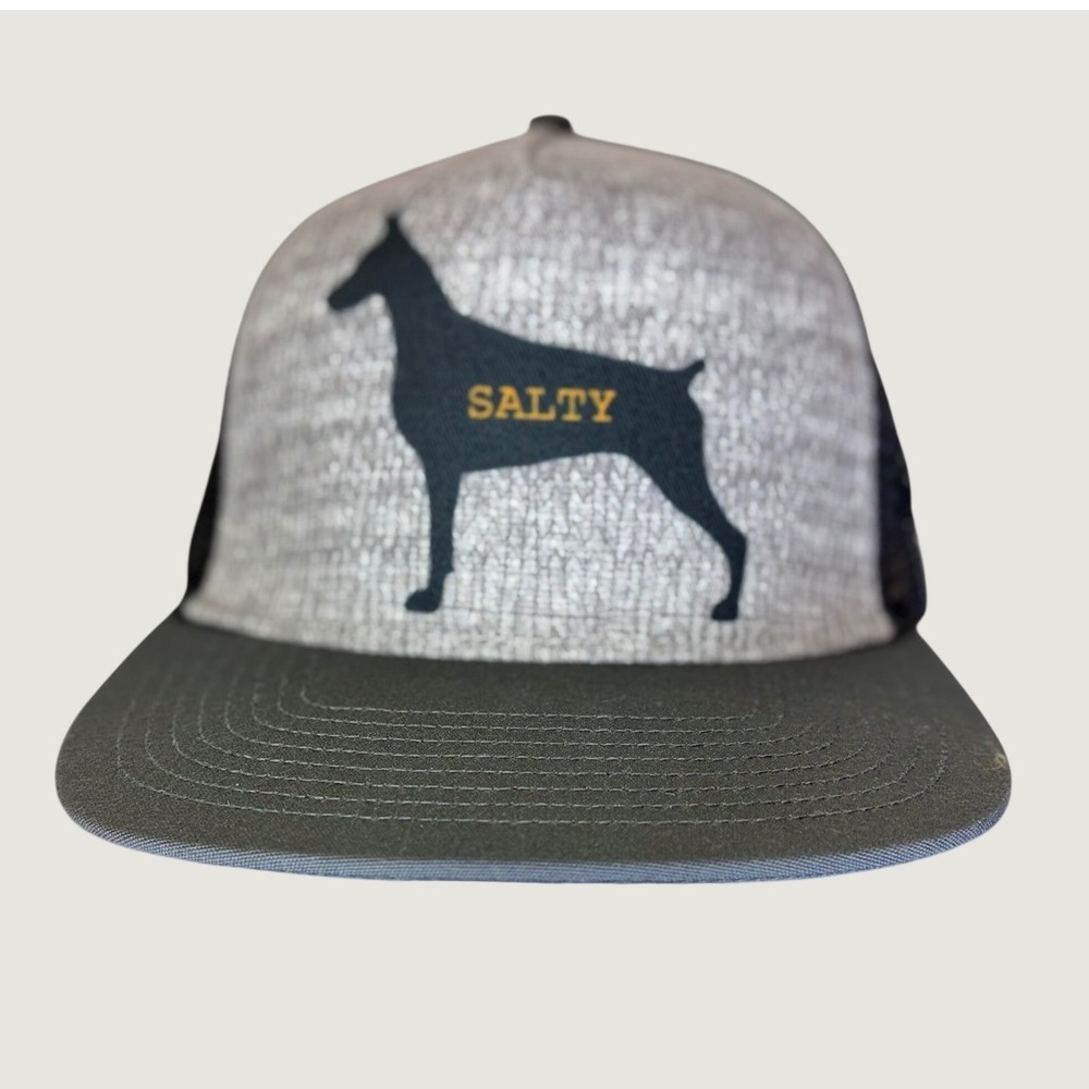 Prana SALTY DOG Journeyman Flat Brim Trucker Hat Charcoal Doberman Snapback NEW